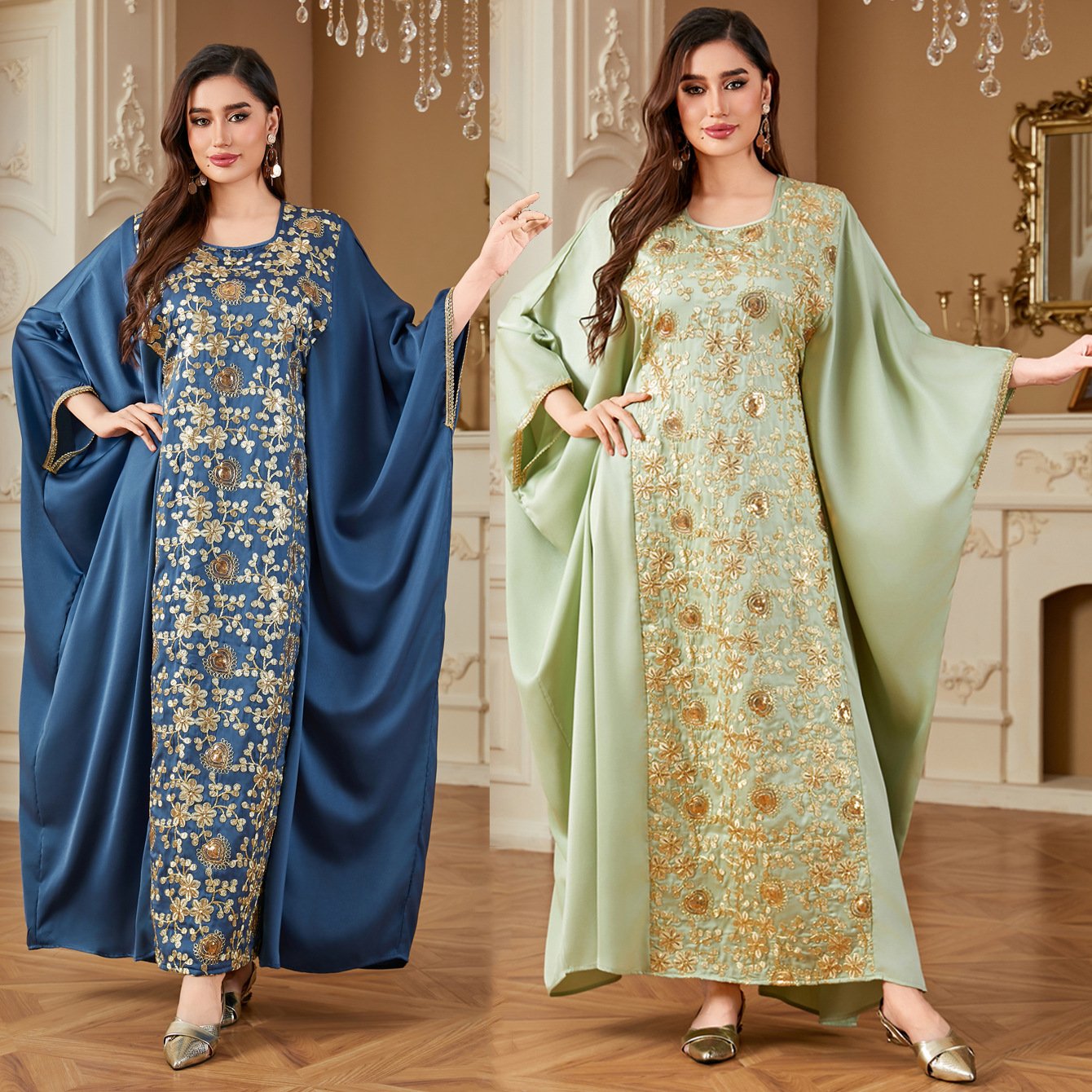 2025 Flower Embroidery Robe Spring/Summer Muslim Elegant Abaya Middle East Dubai Arab Bat Sleeves Long Dress Kabaya Caften